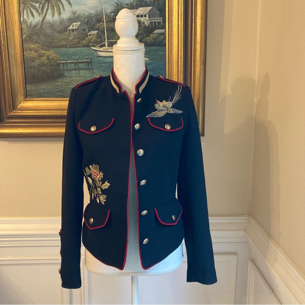 ZARA Black Embroidered Floral Bird Asian Print Military Jacket - Picture 14 of 16